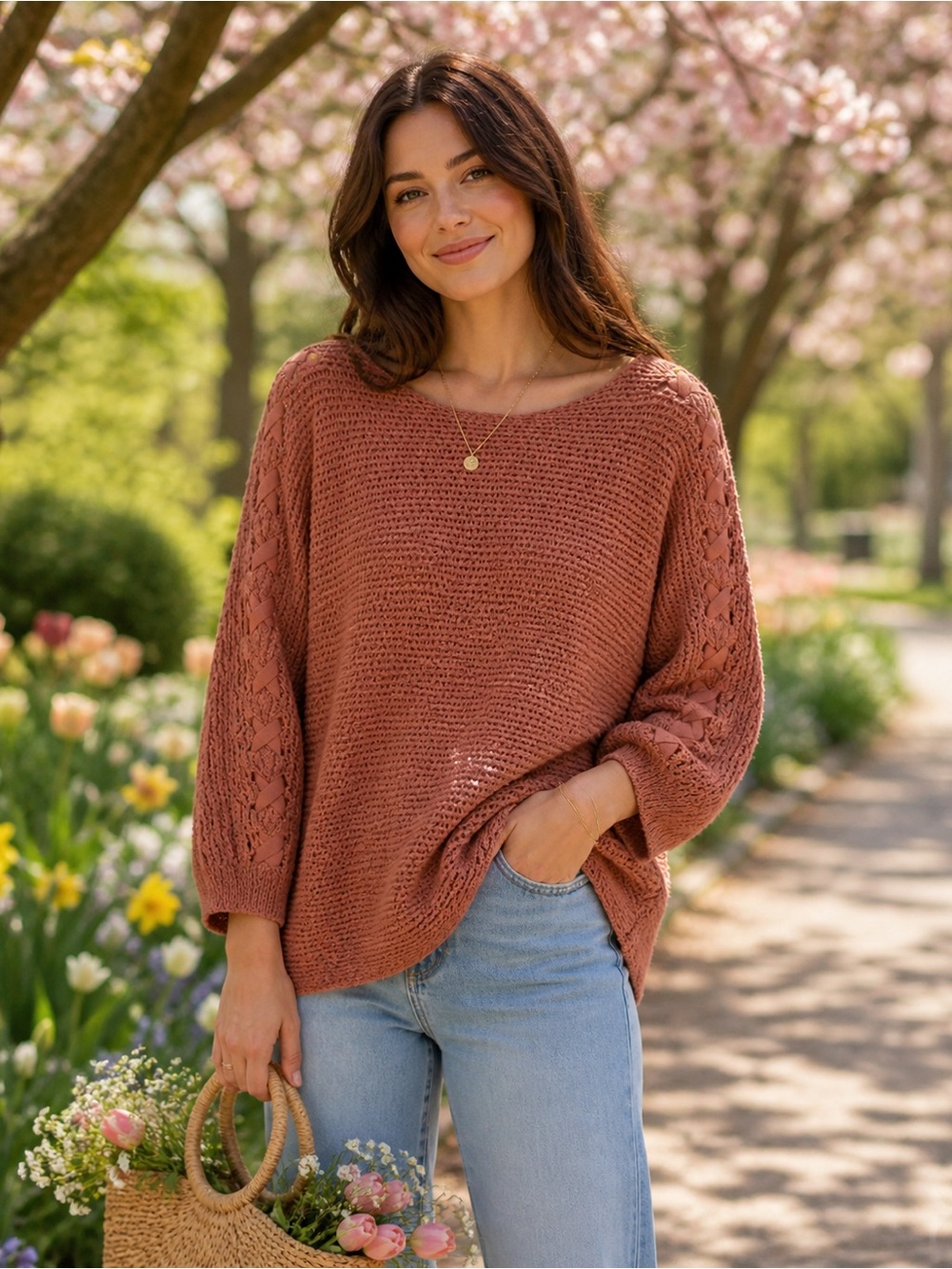 Tribal Jeans Dusty Rose Open Knit Sweater Lace Up Sleeve Boho Cottagecore M/L